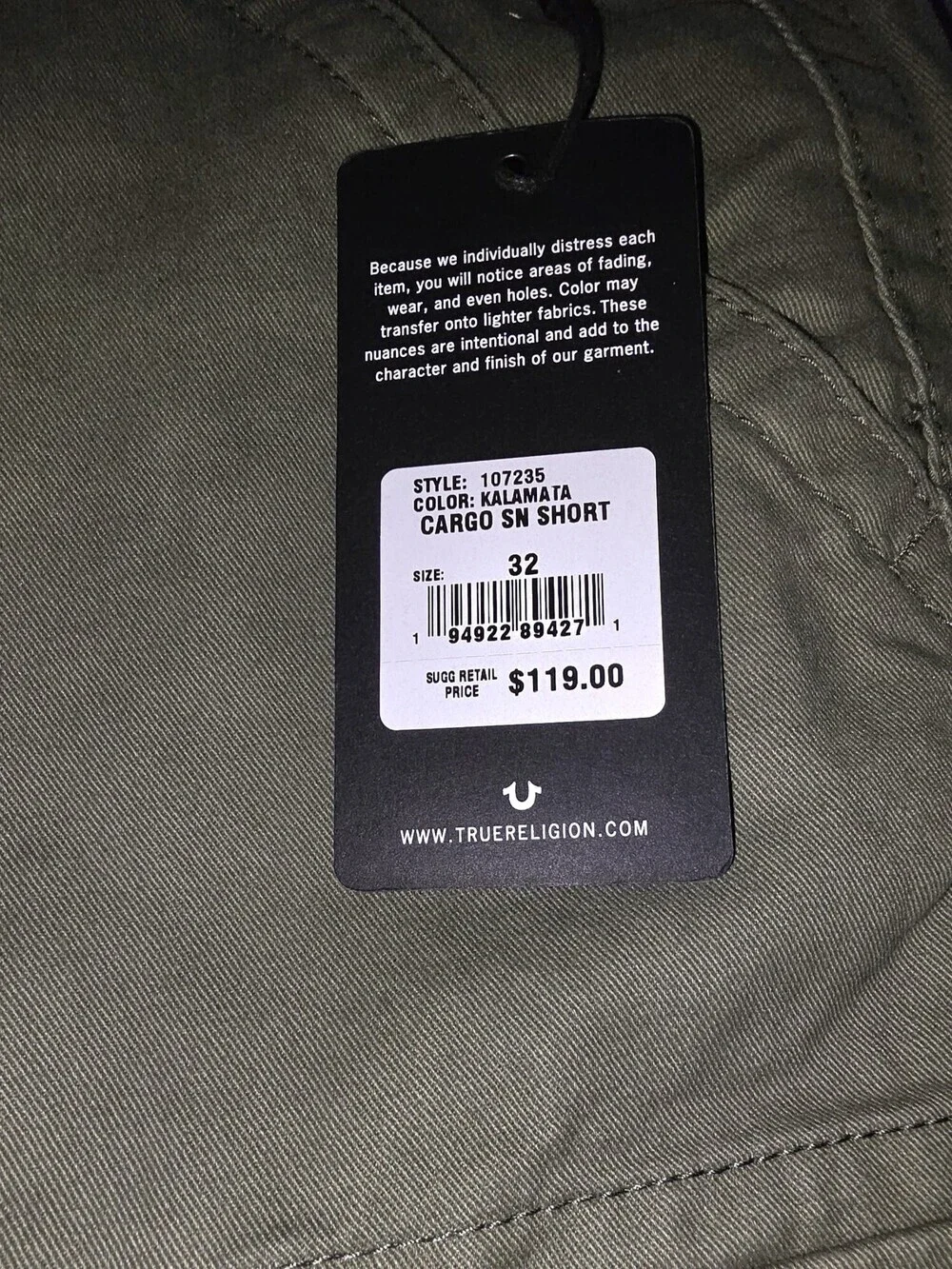 True Religion Men's Cargo Shorts Size 32 Green Flap Pockets Sku 159 NWT